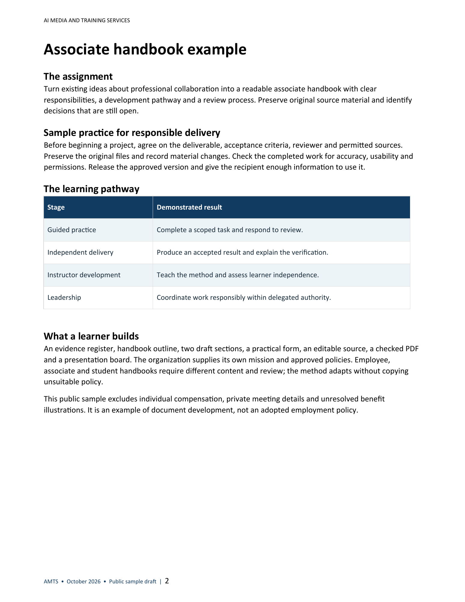 Public sample page 2: associate handbook example and learning pathway