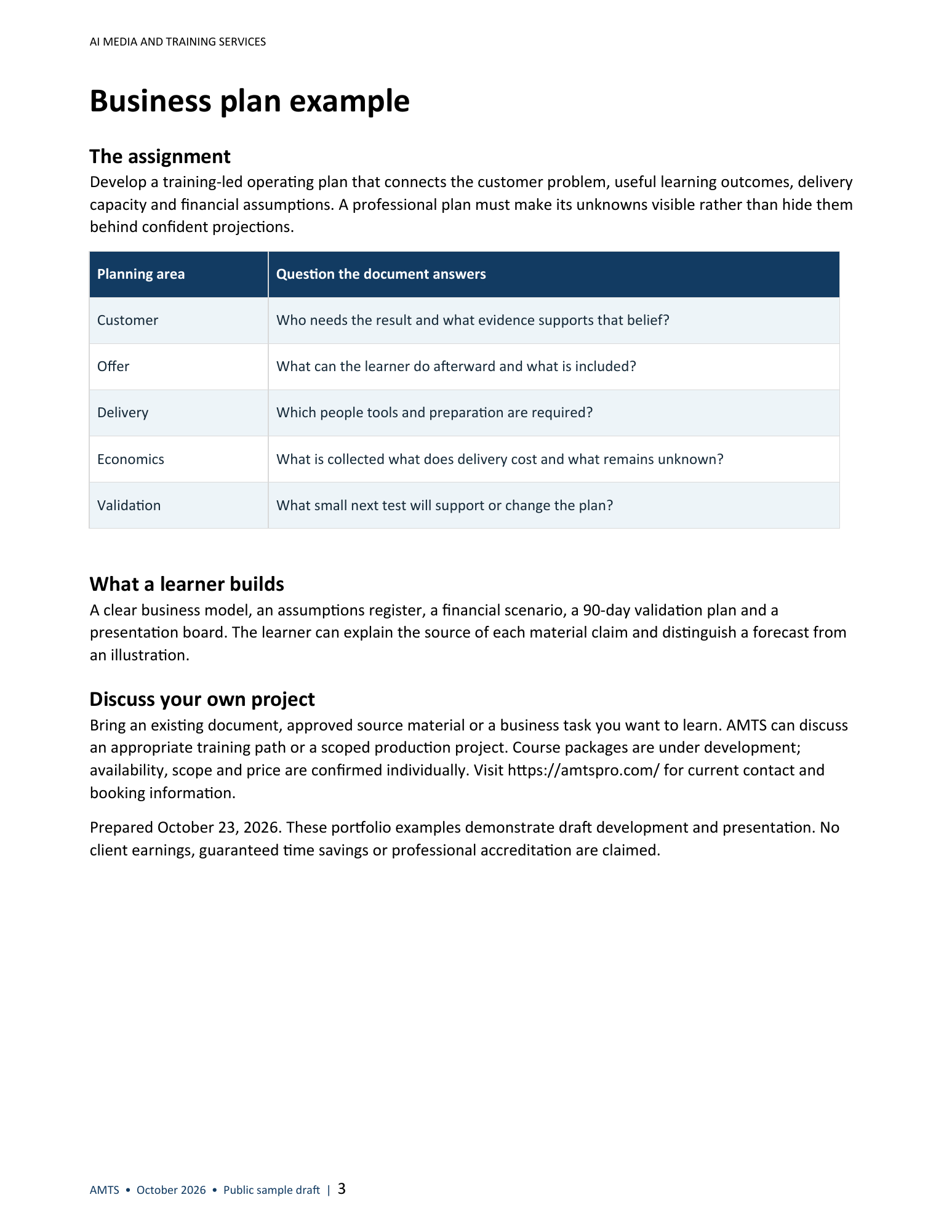 Public sample page 3: business plan example and customer questions