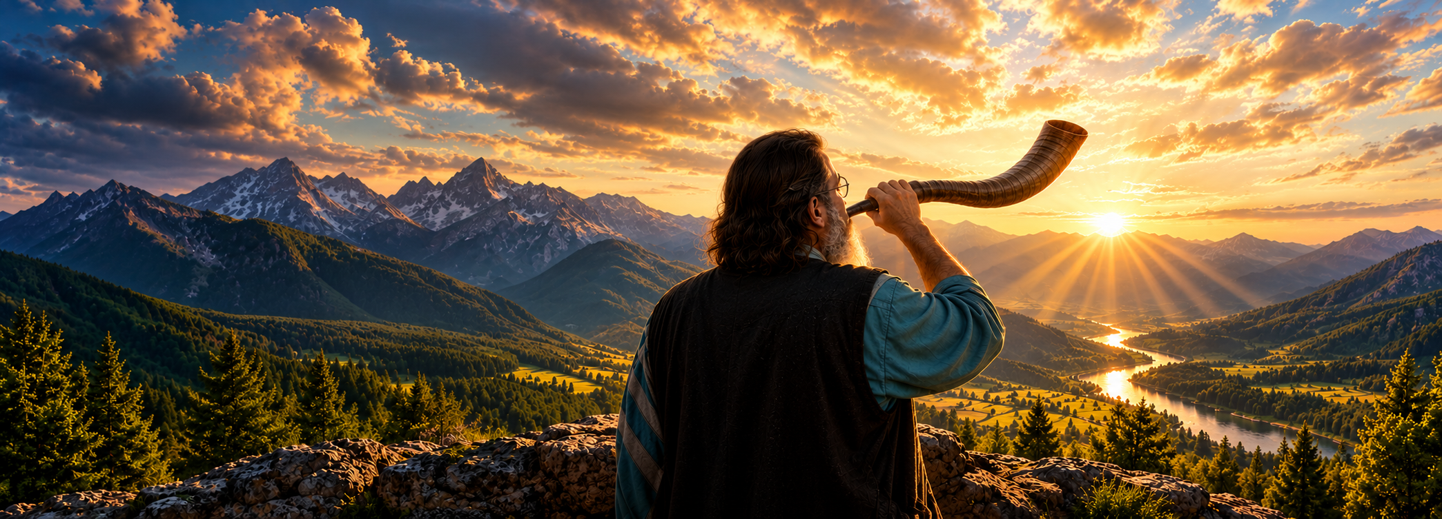 Greg sounding a shofar over a sunlit mountain valley
