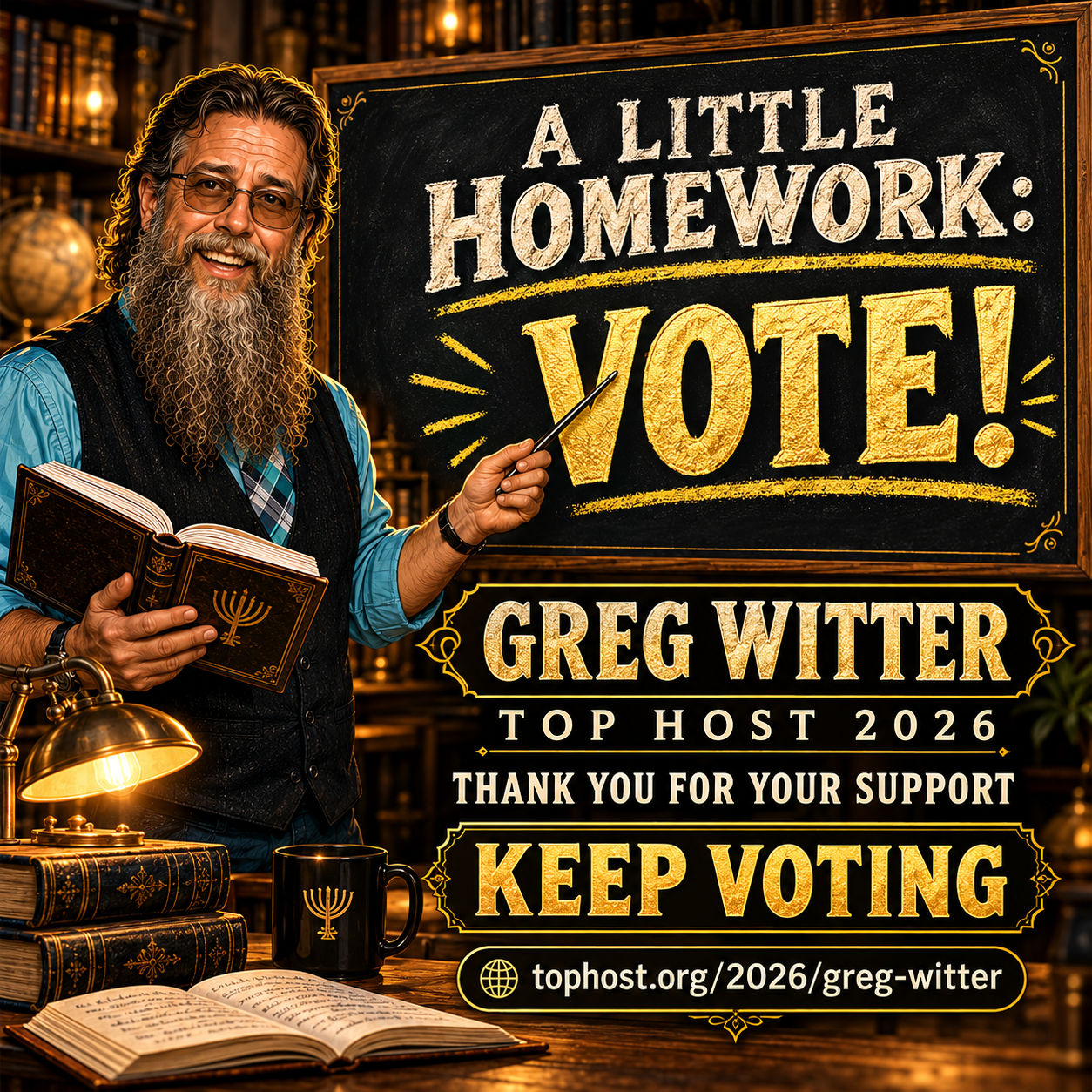 Illustrated Professor Greg smiles in a study and points to a chalkboard reading A Little Homework: Vote! The graphic thanks supporters and promotes Greg Witter for Top Host 2026.